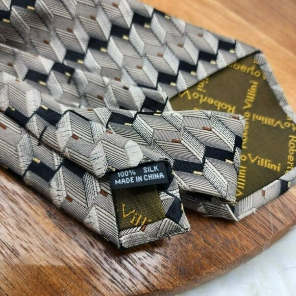 Roberto Villini Collezione Neck Tie Brown Black Tan 100% Silk Handmade 80s Vibes - Picture 5 of 8